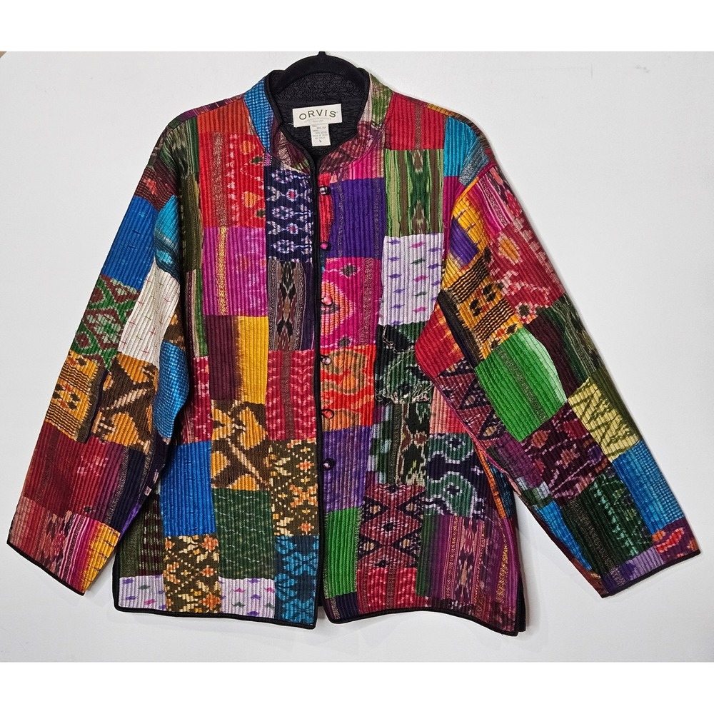 ORVIS Vintage‎ Patchwork Boho Silk Kimono Jacket Mandarin Collar Womens L Ethnic